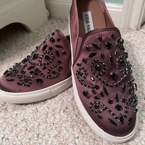 Steve Madden maroon slip-on’s with black rhinestones and bead work